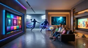 IPTV LUX interface displayed on a large smart TV with apps for sports, movies, and streaming content