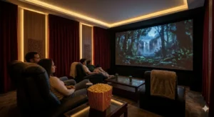 Family watching IPTV LUX in a home theater setup with large screen and cozy seating