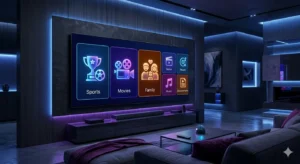 IPTV LUX interface displayed on a large smart TV with apps for sports, movies, and streaming content