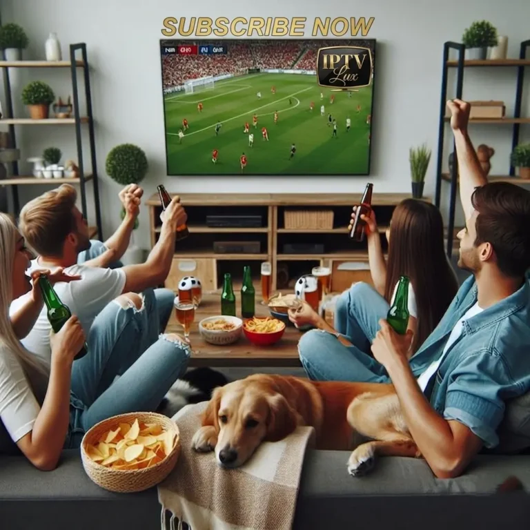 Friends watching live football on IPTV LUX with drinks and snacks in a cozy living room